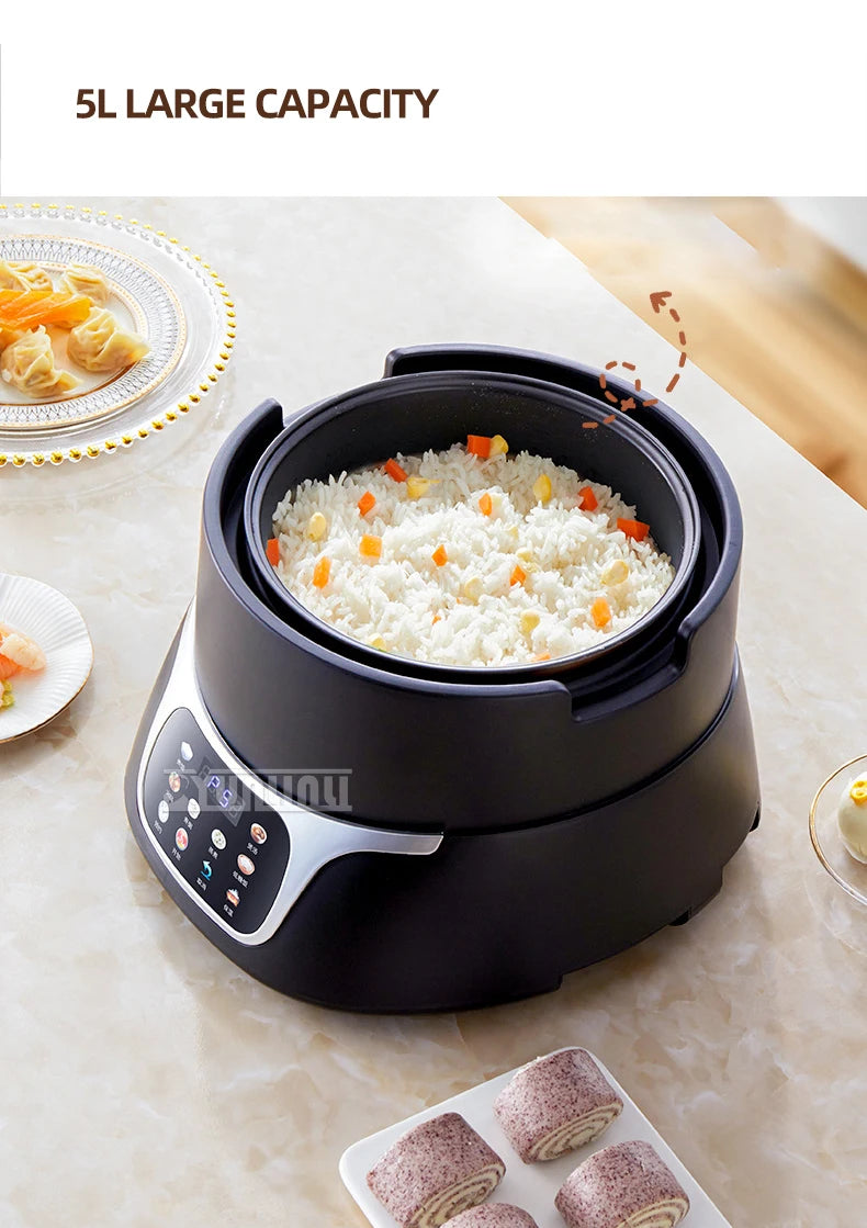 5L black rice cooker with inner pot of cooked rice, glass lid open, front panel
