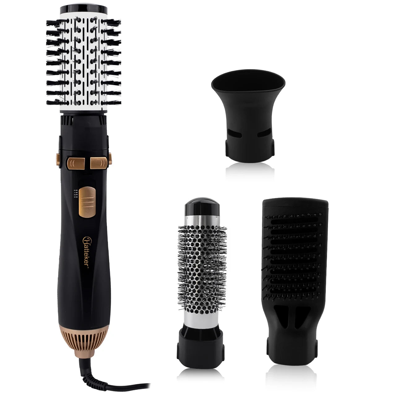 Hatteker 4-in-1 black and gold hot air brush hair dryer, styling tool with interchangeable curling and drying heads.