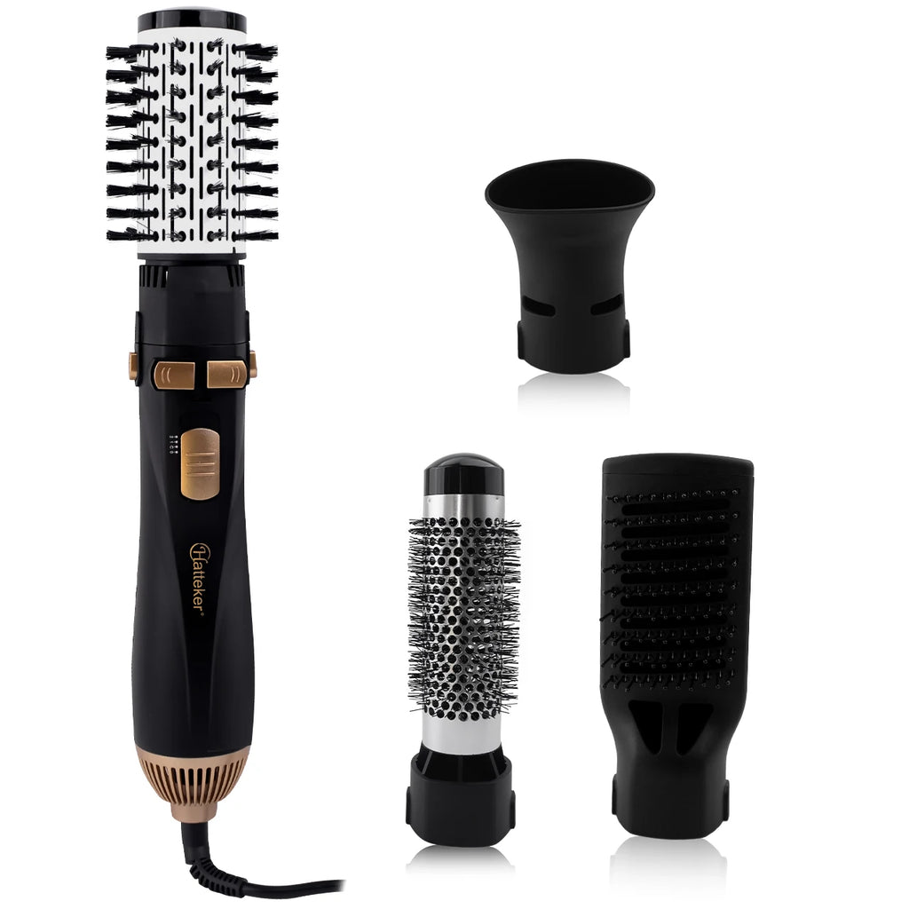 Hatteker 4-in-1 black and gold hot air brush hair dryer set with styling attachments for curling and straightening.