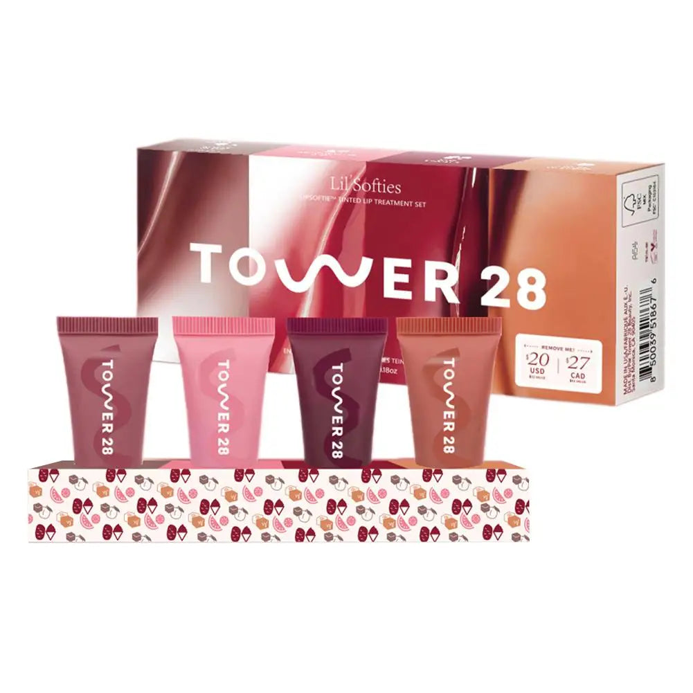 Tower 28 Lil' Softies 4pc Lip Jelly set featuring hydrating, mirror-shine tinted balm tubes in assorted pink and brown.