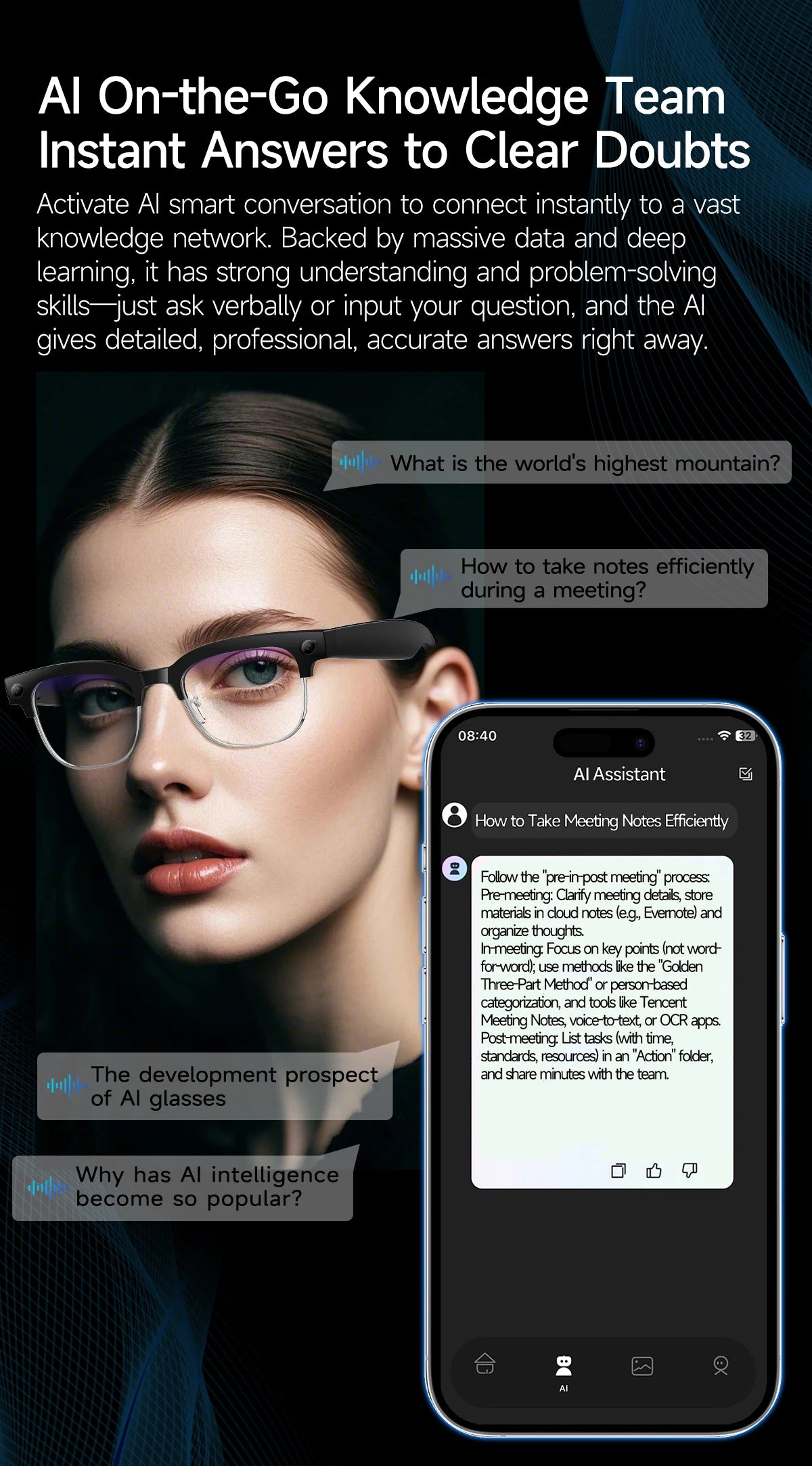 AI Smart Glasses with 4K Camera, Bluetooth, and Spatial Audio - Tidesmit Tidesmit