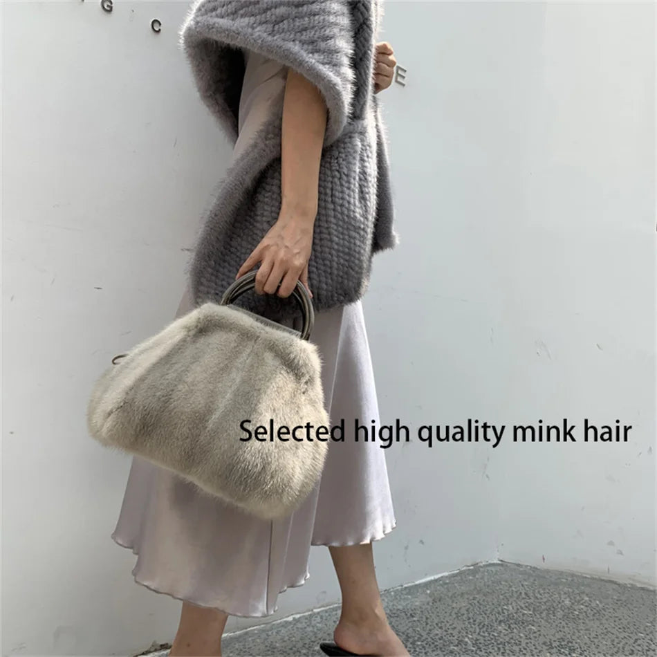 Women's Mink Fur Handbag 2026 New Fashion Designer Fluffy Fur Wrist Bag Large Capacity Soft Shopping Bag Girl Cute Handbag