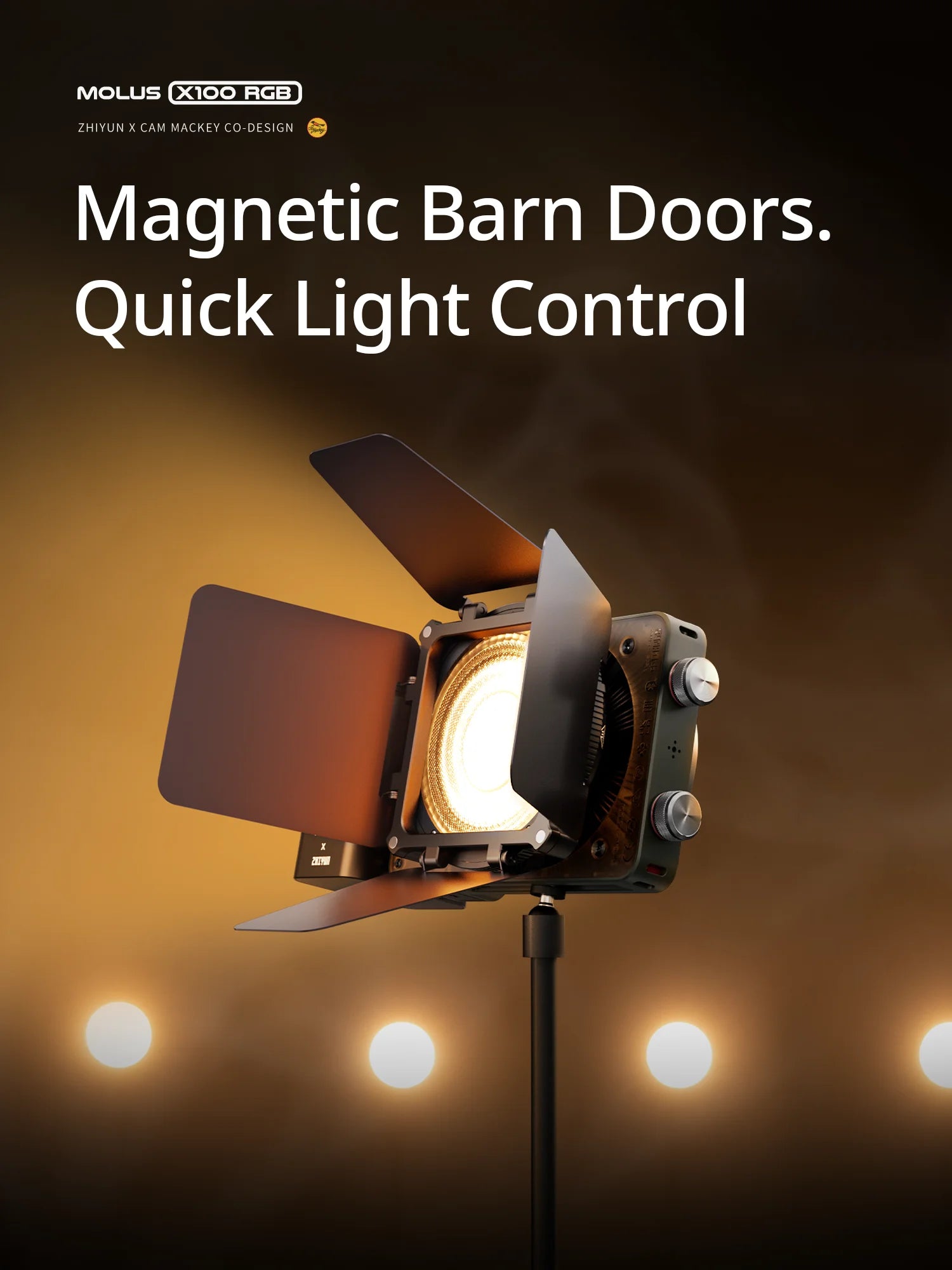 Black magnetic barn doors attached to a small, rectangular LED video light on a stand for shaping light output.