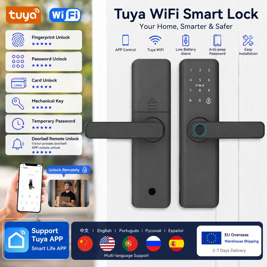 EU Warehouse Tuya Smart Fingerprint Door Lock APP Remote Unlock Password IC Card Key Temporary Code for Airbnb Home Office Fast Delivery