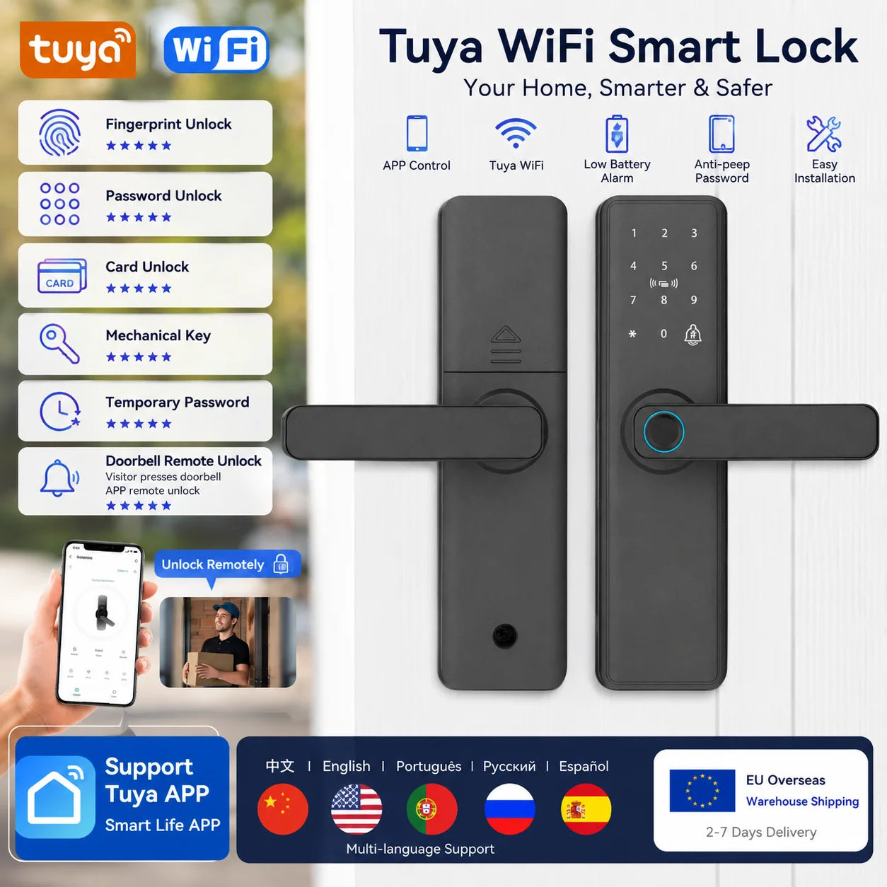EU Warehouse Tuya Smart Fingerprint Door Lock APP Remote Unlock Password IC Card Key Temporary Code for Airbnb Home Office Fast Delivery