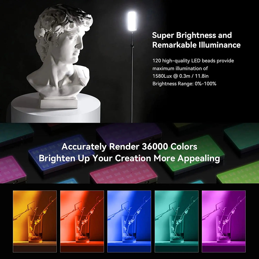 Portable rectangular LED light panel with adjustable RGB colors and brightness, used for photography and videography.