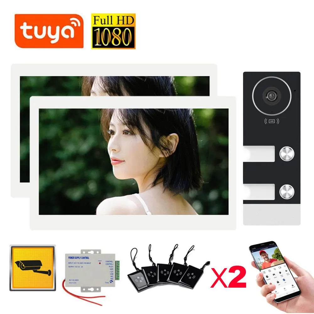 Black video doorbell intercom kit with dual 10-inch screens and outdoor door camera
