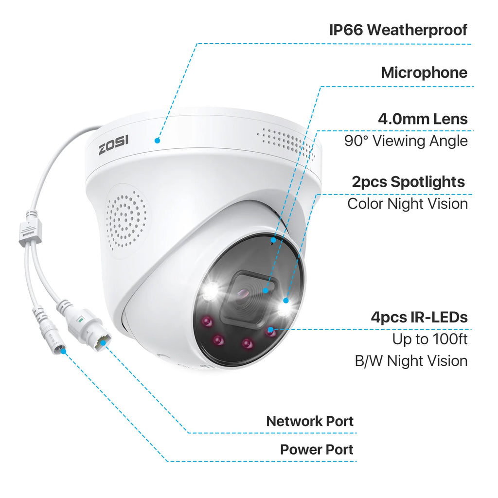 ZOSI 8MP 5MP PoE Dome Camera Set Outdoor/Indoor AI Human Car Detection 2-Way Audio Color Night Vision Surveillance IP Camera Kit