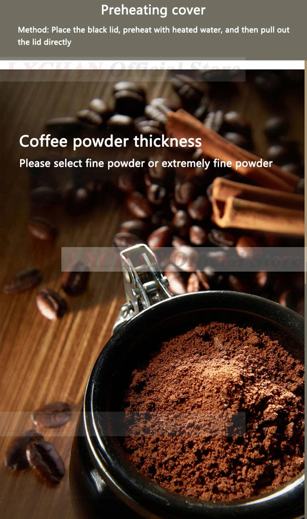 LYCHAN black coffee maker funnel filled with fine ground coffee powder on a wooden table with coffee beans.