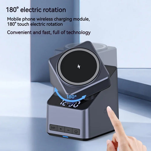 15W Electric Rotating Magnetic Wireless Charger Time Display Charging Station for iPhone 16 15 14 13 12 11 Watch AirPods Pro