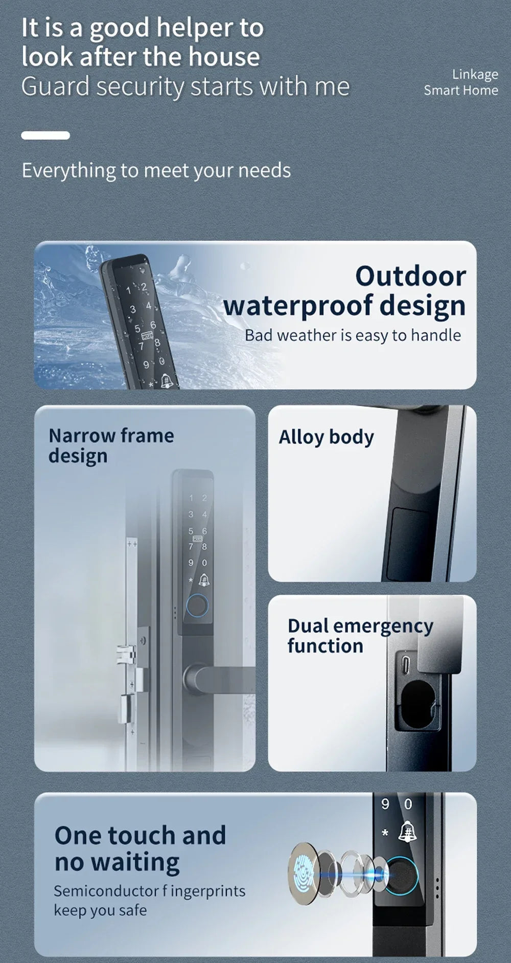 IP65 Waterproof  Outdoor Smart Lock with Keyless Entry Door Lock Handle Ultra-thin Biometric Door Lock Free App Remote  Control
