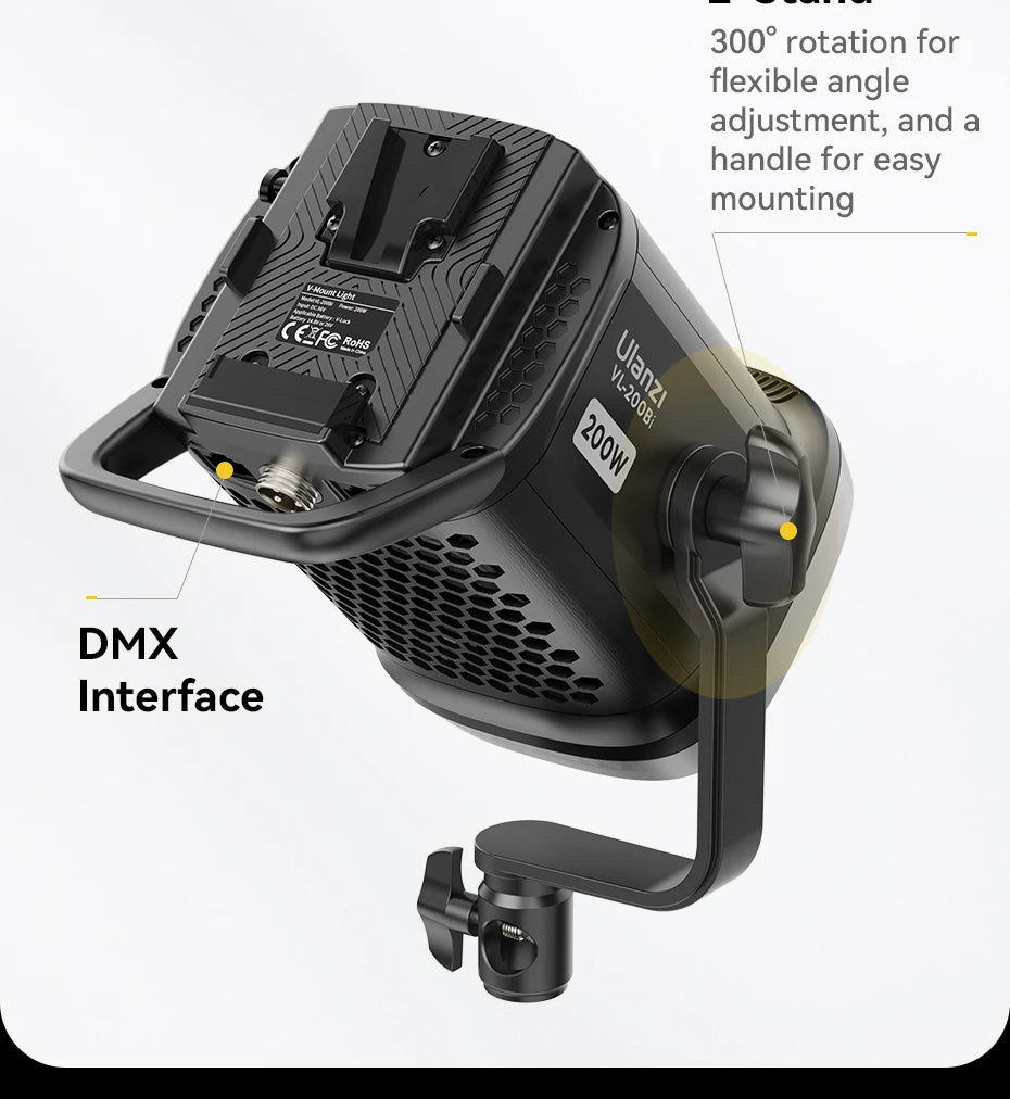 Black 200W LED studio light with V-mount battery plate, rotating handle, and DMX interface for professional lighting.