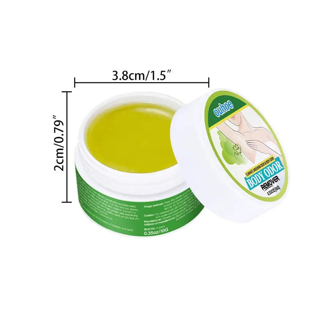 Natural underarm deodorant cream in a white 10g jar with a yellow gel texture for sweat and odor removal.