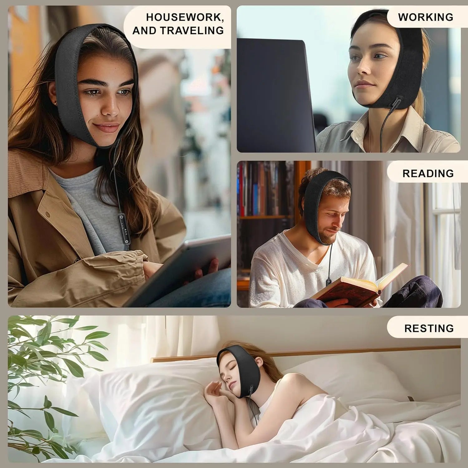A collage showing people wearing a black, fabric jaw heating pad wrap with a power cord while working or relaxing.