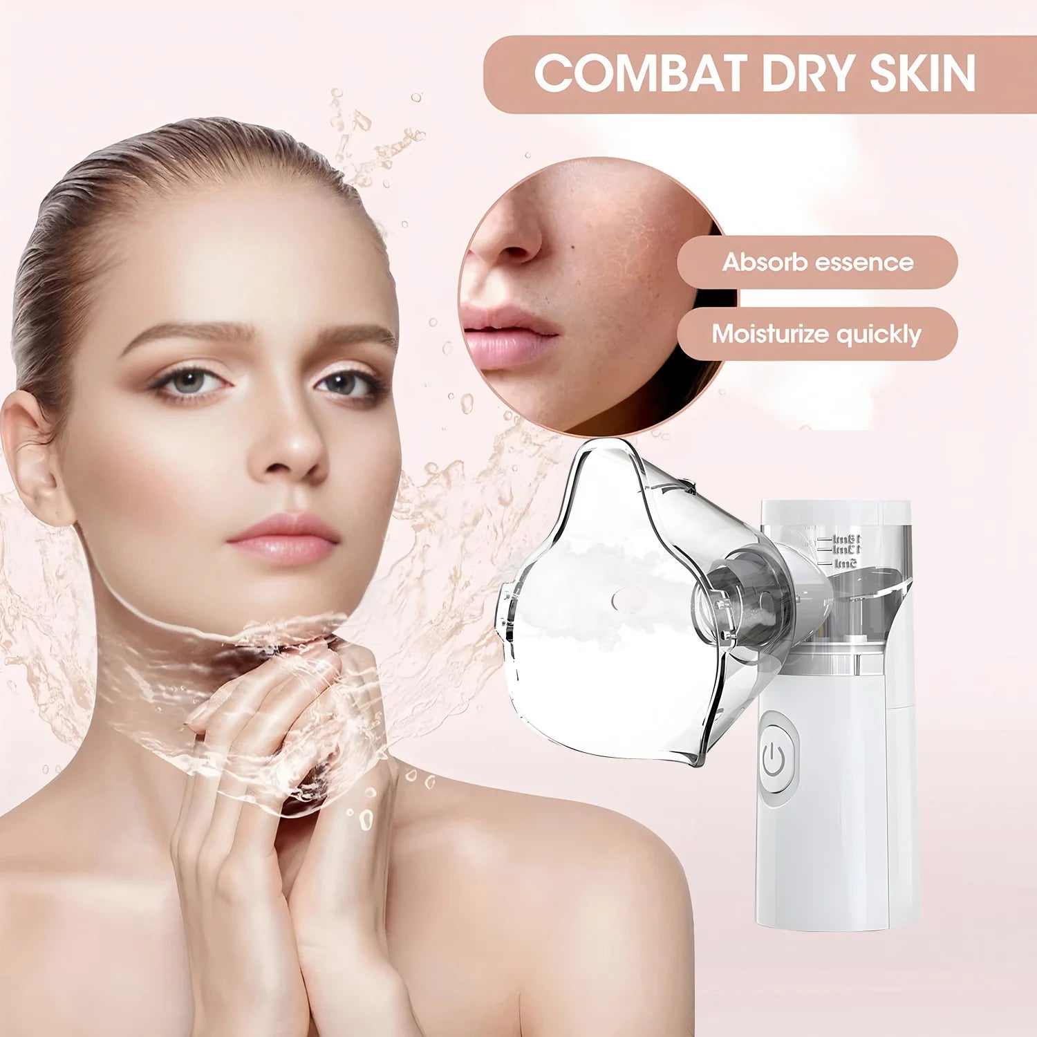 White nano facial mister and eye steamer mask for dry skin hydration and moisturizing skin care.