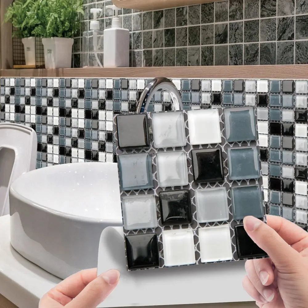 Self-adhesive 3D mosaic tile stickers sheet with blue, white, and dark gray square pieces