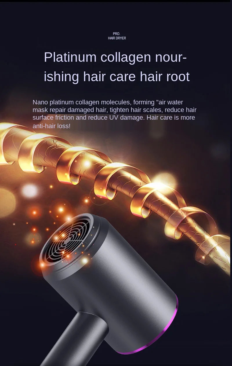 Grey high-power ionic hair dryer with blue light technology for quick, nourishing hair care and damage repair.