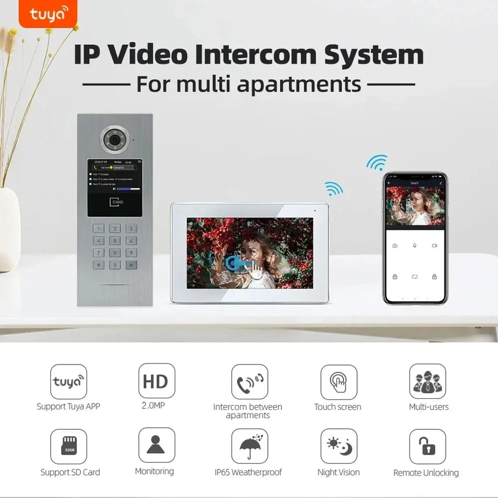 Tuya Smart Life WiFi 7 Inch Wireless HD Video Doorbell Intercom POE Switch 1-999 Unit Large Building Apartment Door Phone System