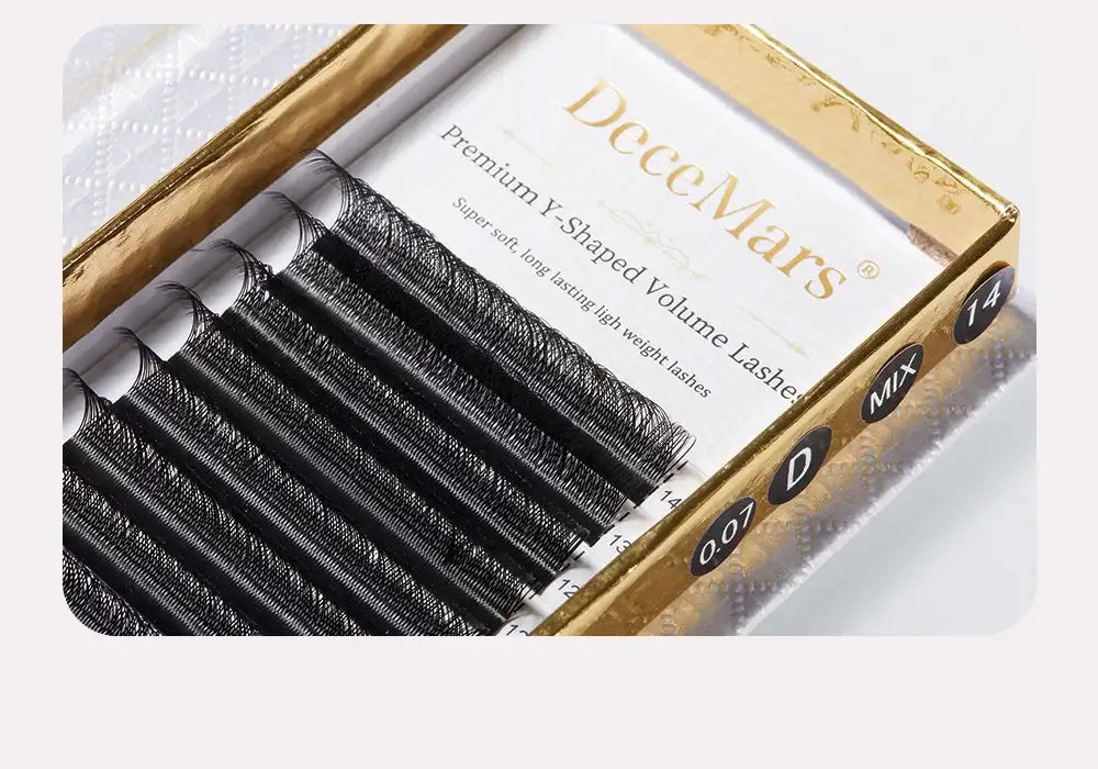 DeceMars black Y-shaped volume eyelash extensions in a gold-trimmed tray, 0.07 thickness, D curl.
