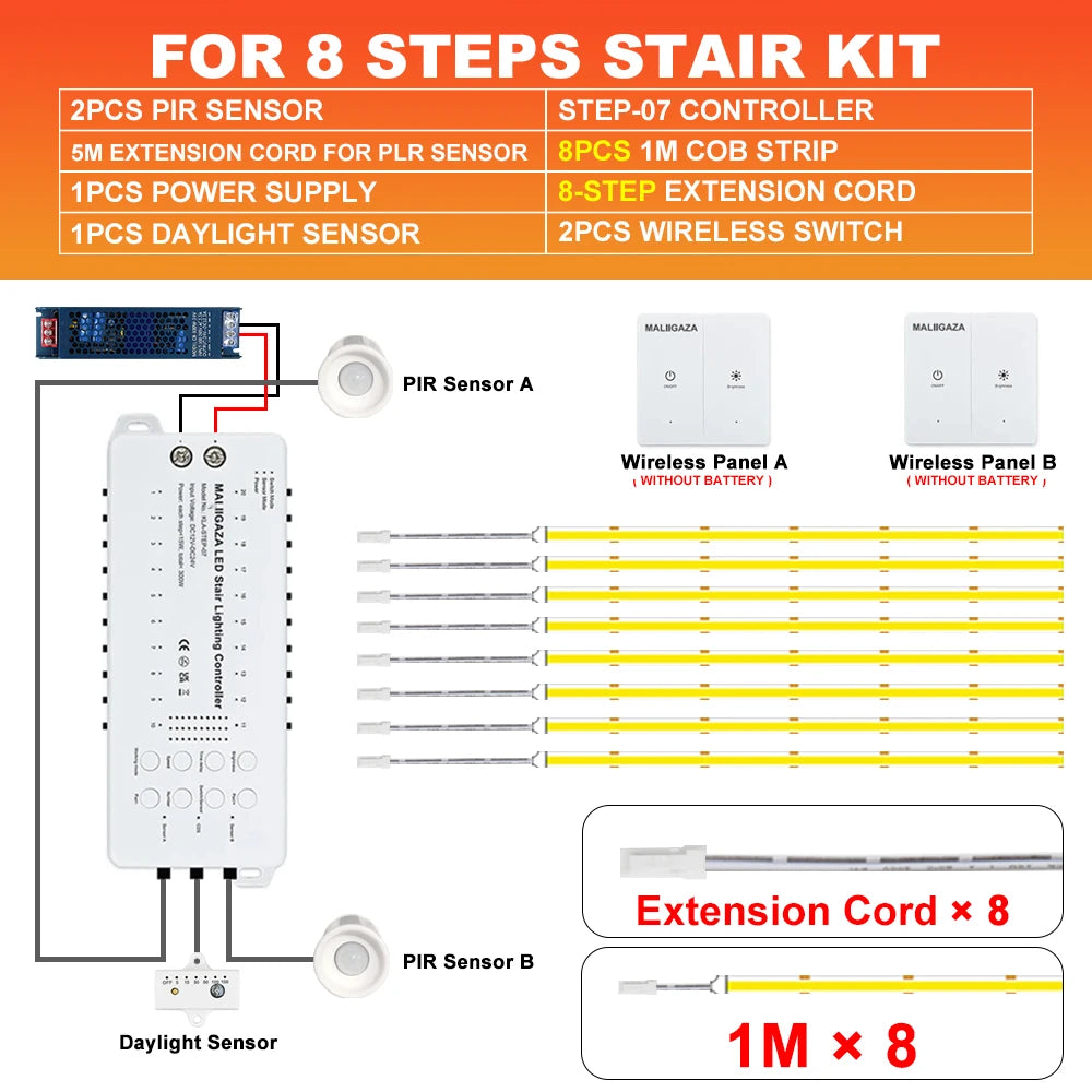 LED stair light kit with PIR motion sensors, COB strip, extension cord for 8 steps