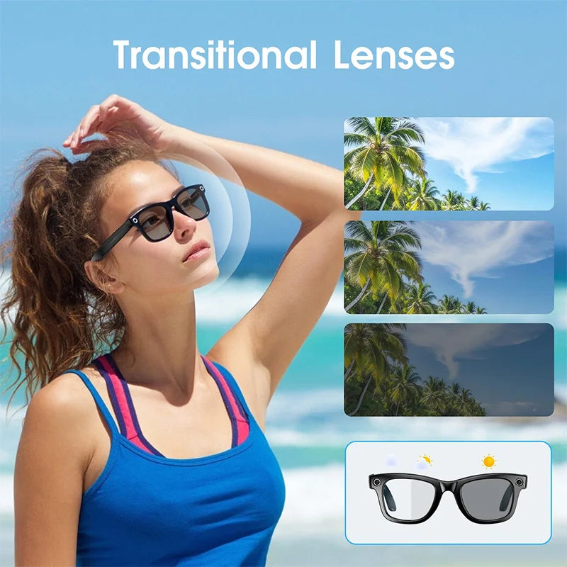 Black, square-frame sunglasses with transitional lenses that automatically darken in sunlight for outdoor eye