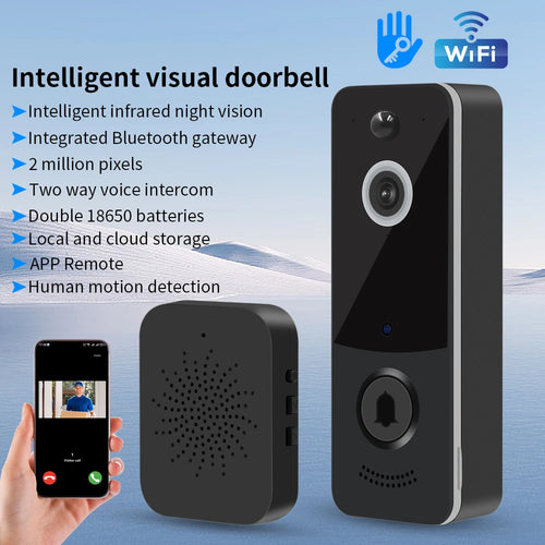 Outdoor wireless video doorbell camera with night-vision lens and built-in speaker, black