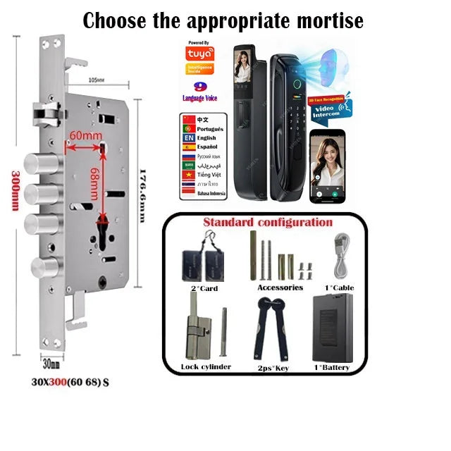 6068,5572,6072,6085 Mortise Lock Tuya Wifi App Camera Smart Digital Lock With Fingerprint Face Key Card Rfid