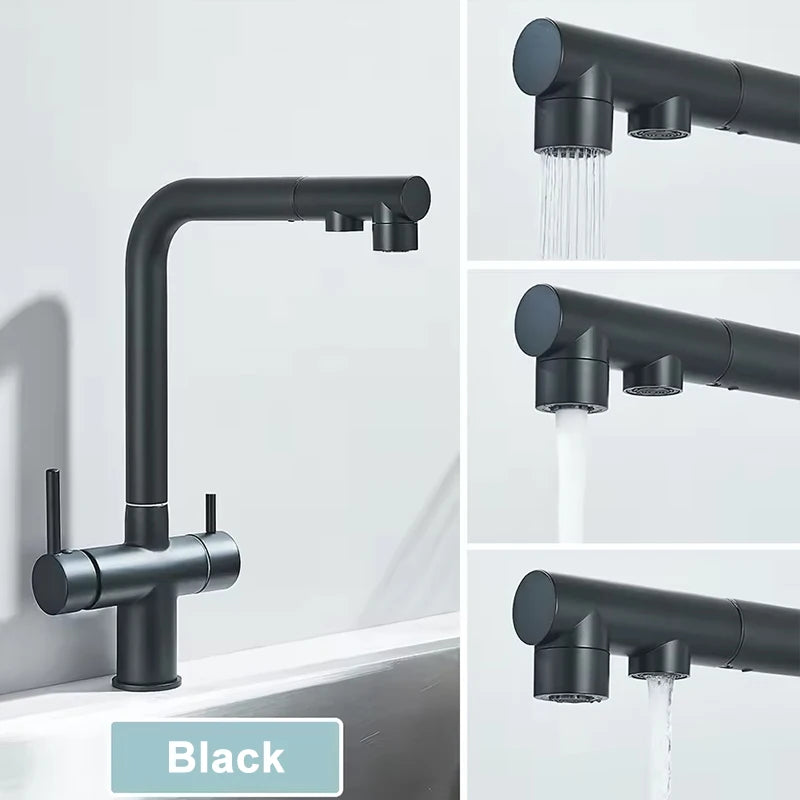 Black Water Purifier Kitchen Faucet 2 In 1 Pull Out Flexible Hot and Cold Water Mixer Tap with Filter Nozzle Faucets