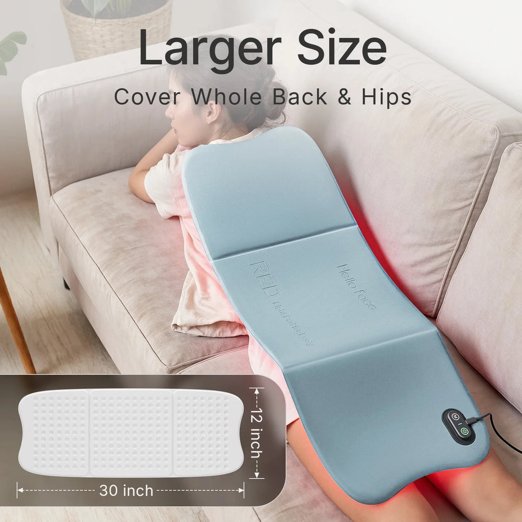 Hello Face L7 blue, rectangular red light therapy mat covering a person's back, featuring LED lights and a controller.