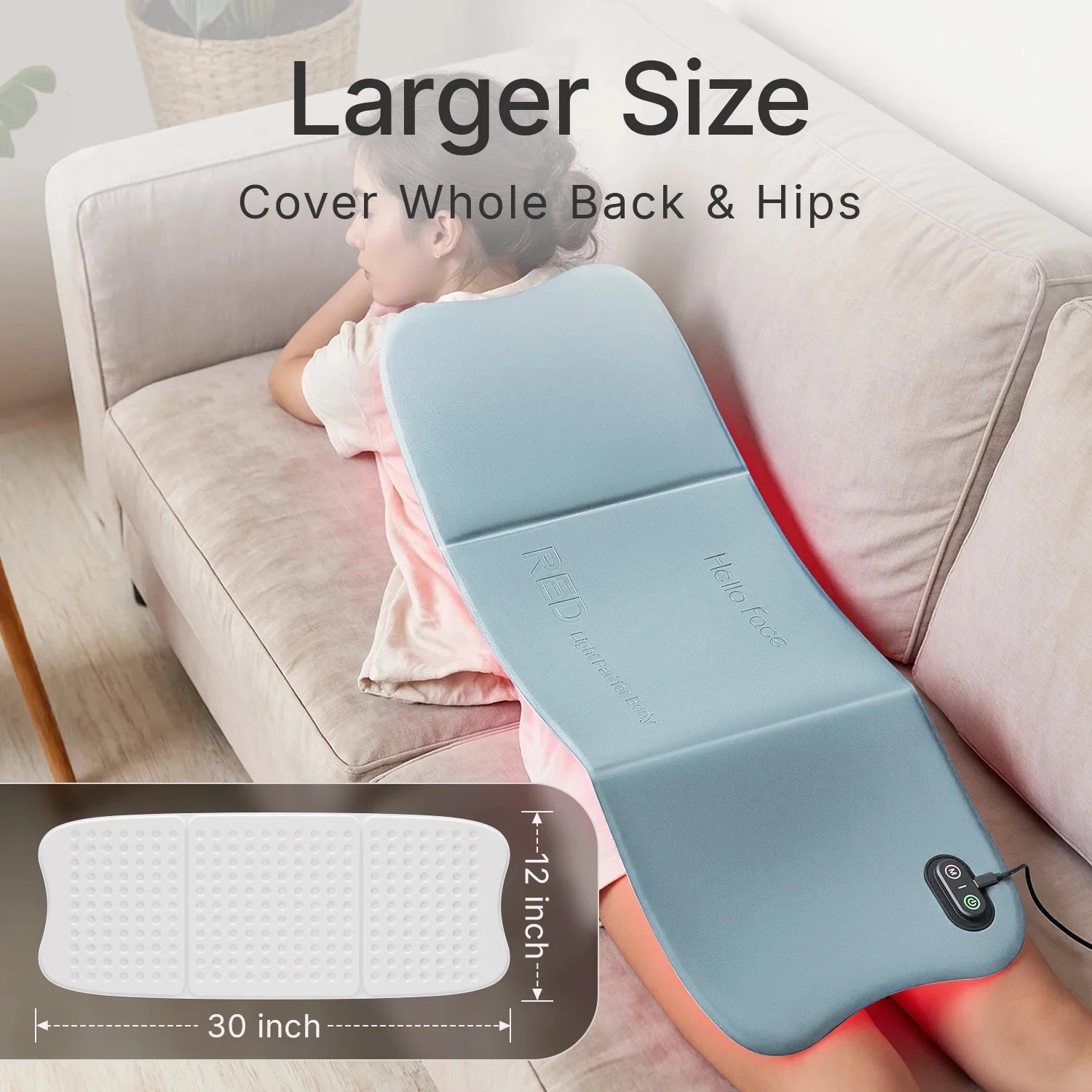 Hello Face L7 blue, rectangular red light therapy mat covering a person's back, featuring LED lights and a controller.