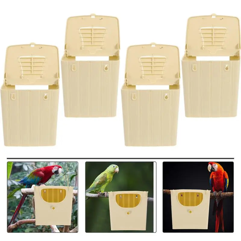 4pcs beige plastic bird breeding boxes for lovebirds. Durable hanging incubation nests for safe, easy parrot mating.