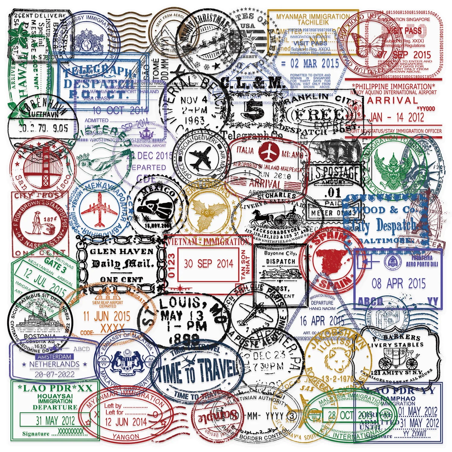 60Pcs Creative Retro Postmark Stickers, Envelope Sealing Stickers, DIY Phone Cases, Notebook, Waterproof Sticker