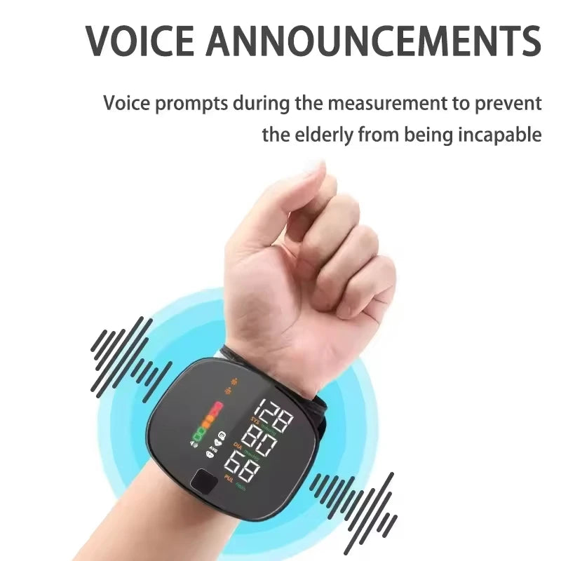 Voice Portable LED Wrist Blood Pressure Monitor Portable Rechargeable Digital Tonometer Sphygmomanometer BP Monitor