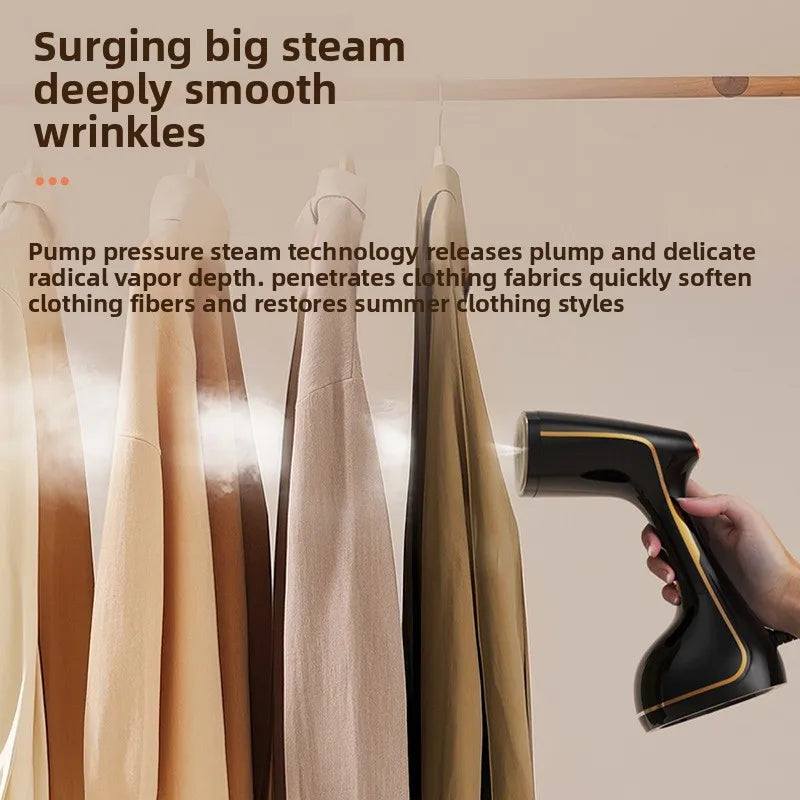 Tidesmit portable handheld garment steamer steaming clothes from an angled view showcasing ergonomic handle design