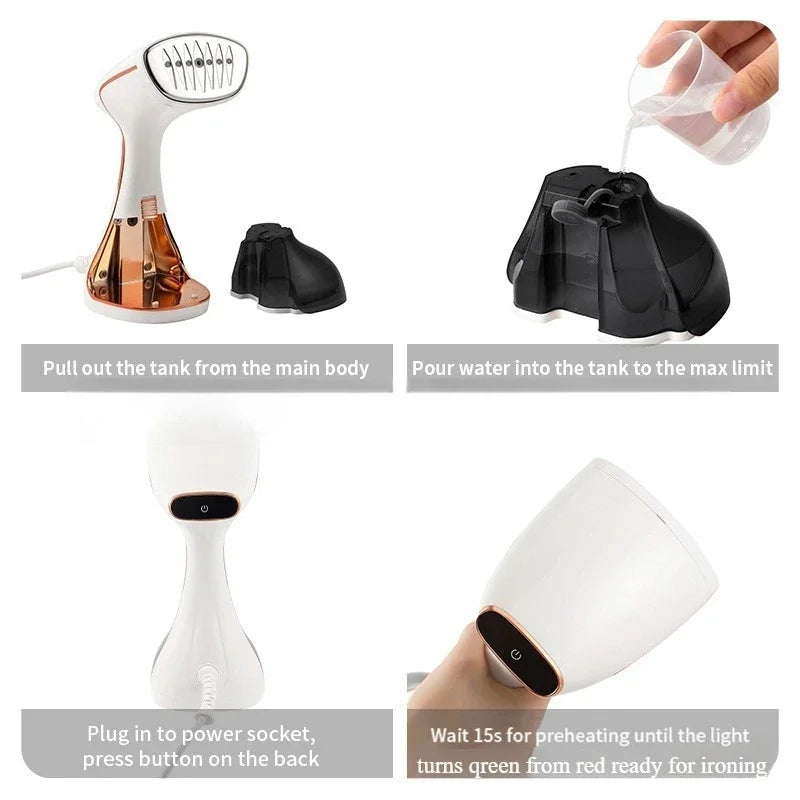 Tidesmit portable handheld garment steamer showing compact nozzle design and water tank for home and travel laundry