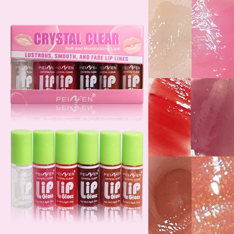 6-piece set of moisturizing lip gloss and lip oil in clear, red, and nude shades with a shiny, hydrating finish.