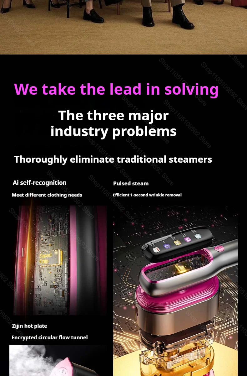 Tidesmit portable handheld steam iron showing compact design and multi-functional nozzle for garment steaming.