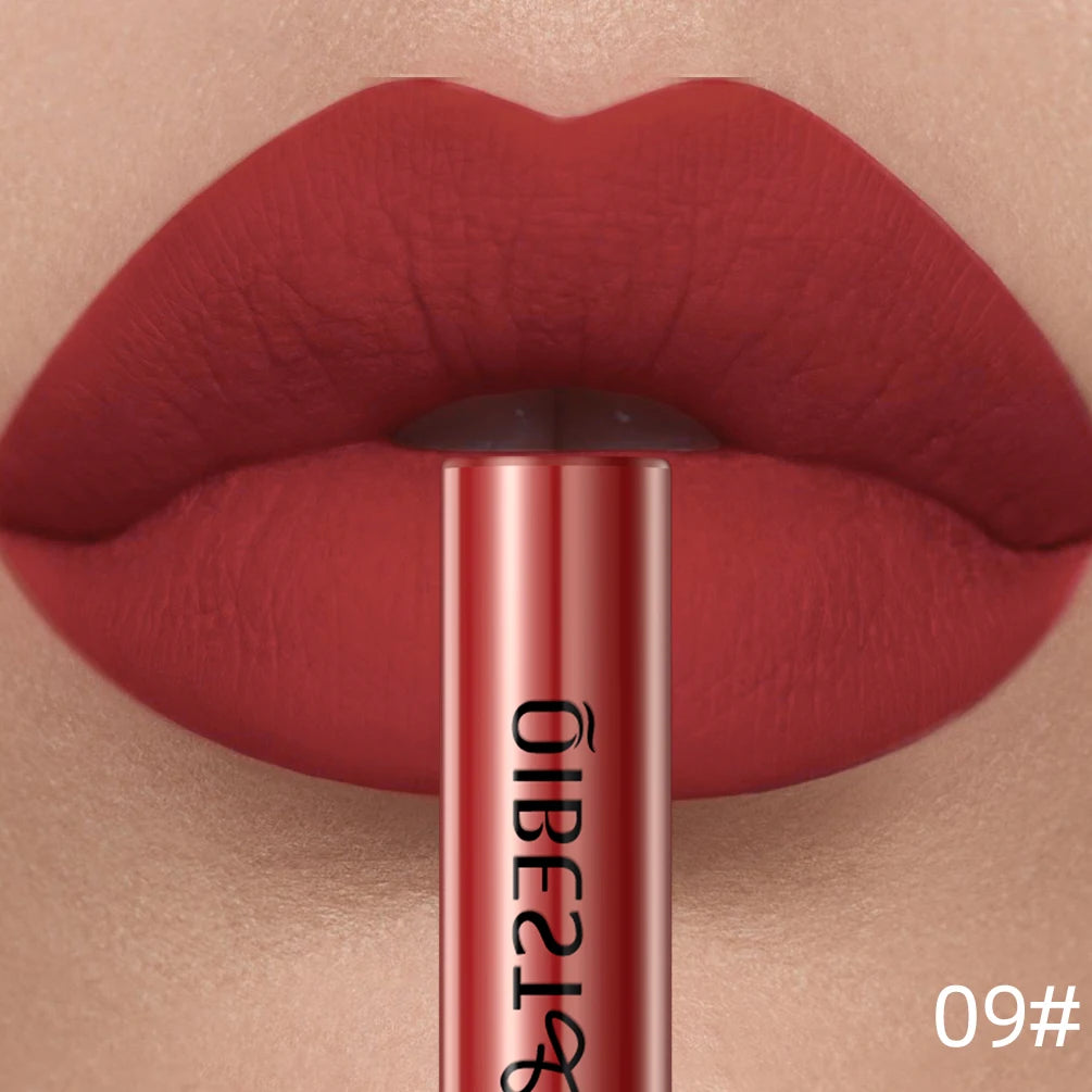 QIBEST sexy red velvet matte liquid lipstick, long-lasting nonstick lip gloss in shade 09# applied on lips.