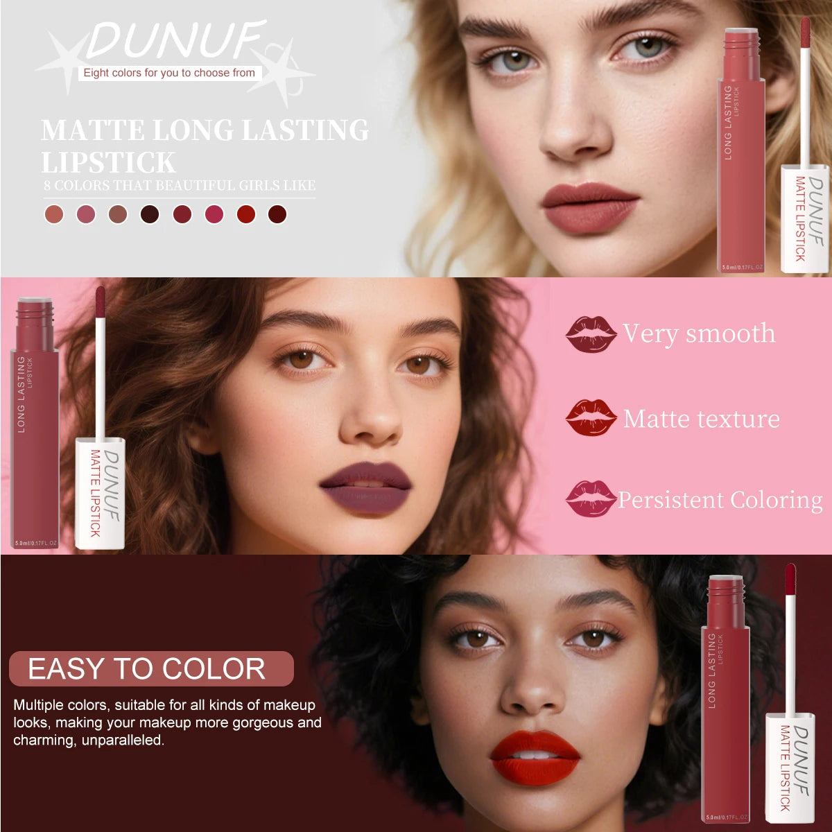 8-piece matte lip gloss set in nude, red, and mauve shades. Waterproof, long-lasting liquid lipstick with smooth finish.