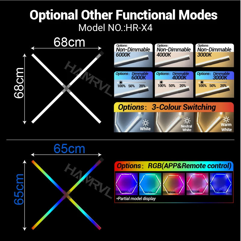 Hexagon LED ceiling light panel design with RGB color lines and dimmable white modes