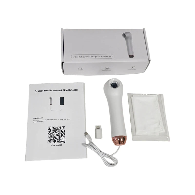 White HD scalp and skin follicle analyzer kit with handheld device, cable, and user manual for professional testing.