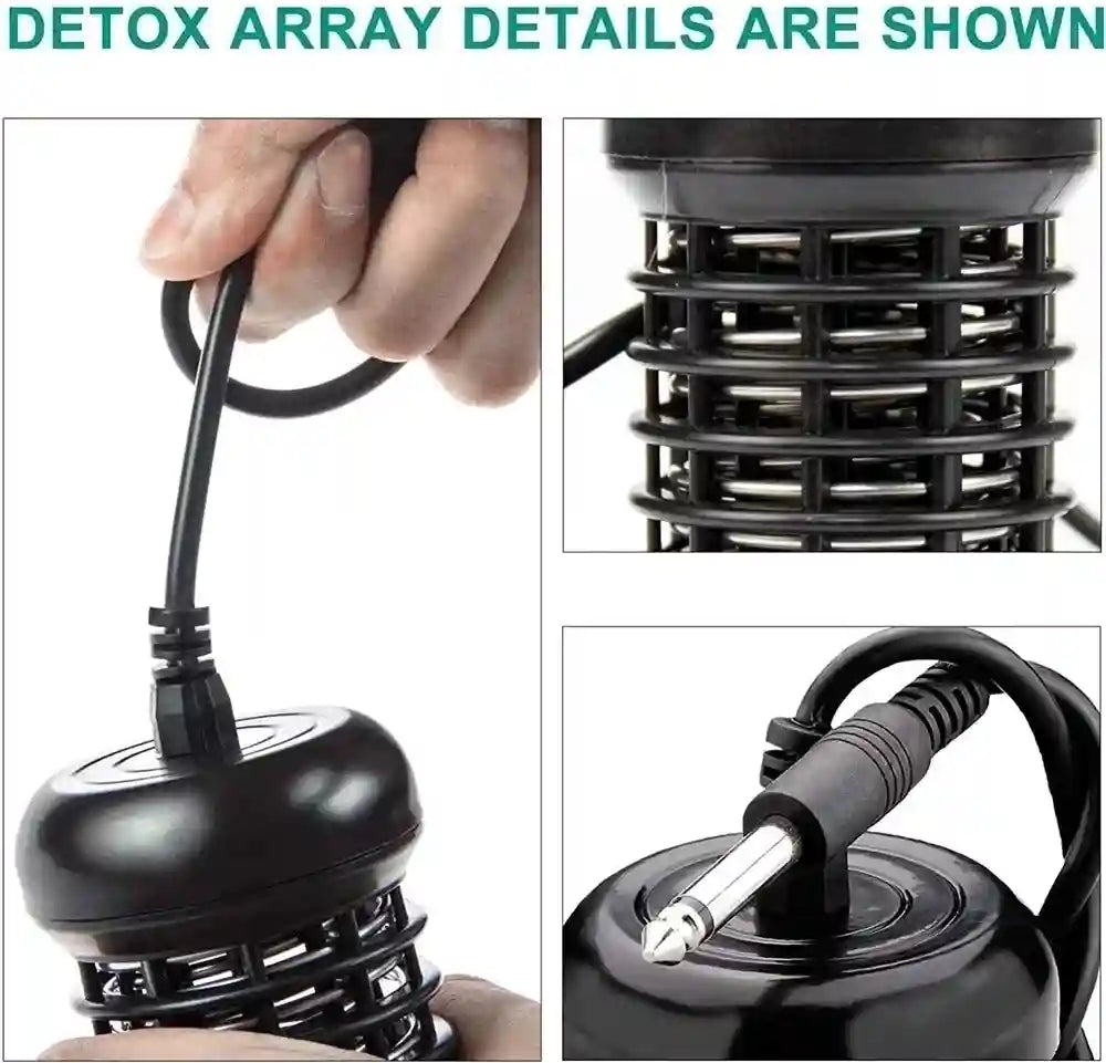 Black ionic detox foot bath array with stainless steel coils and cord connector for spa machine body cleanse sessions.