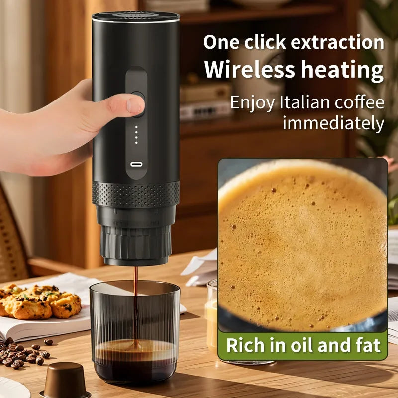 Portable matte black wireless electric espresso maker pouring coffee into a glass cup for quick extraction.
