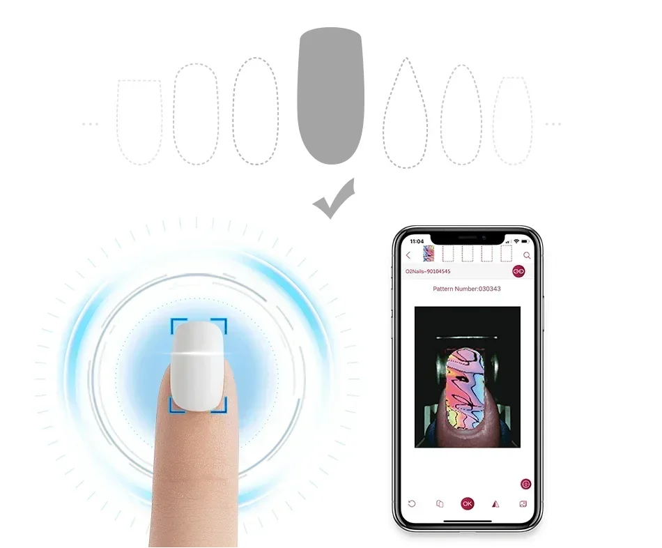 Smart 3D nail printer app interface showing nail art pattern selection for DIY manicure on mobile phone.