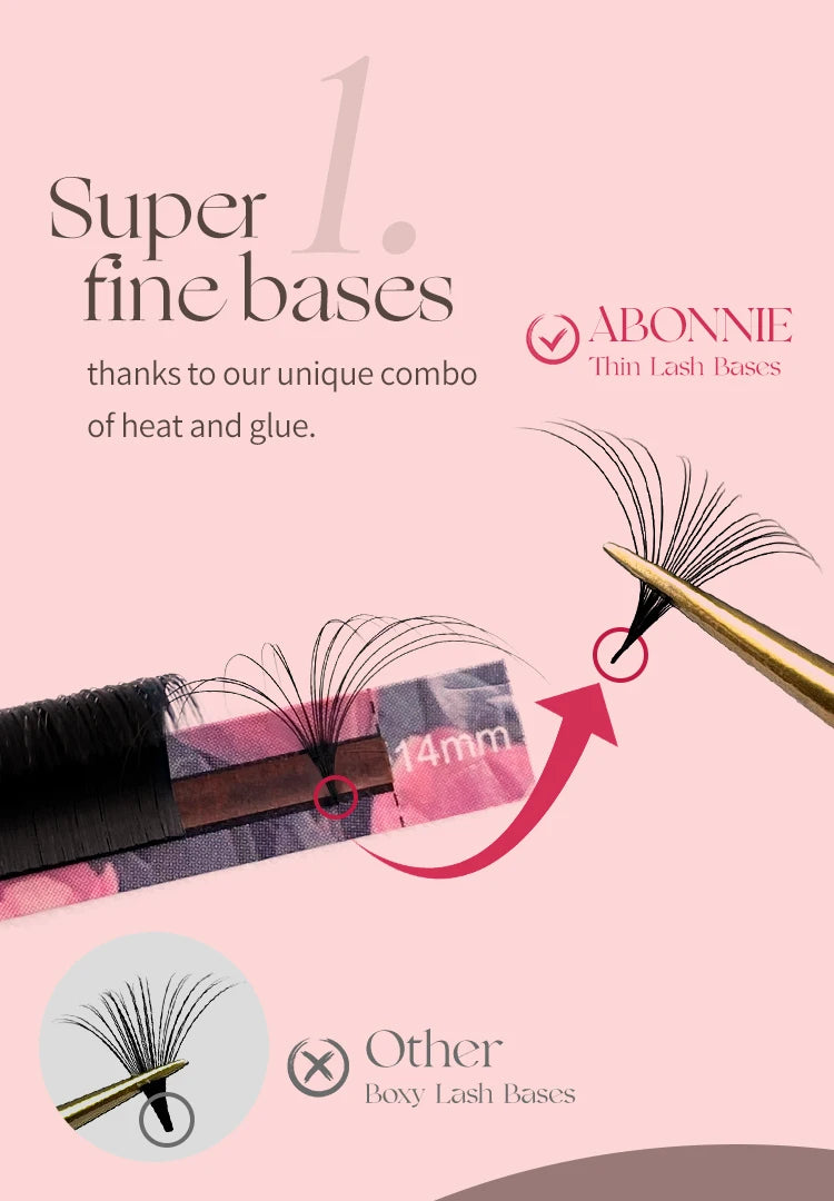 Abonnie easy fan lashes with thin bases compared to boxy bases on a pink background, shown with tweezers.
