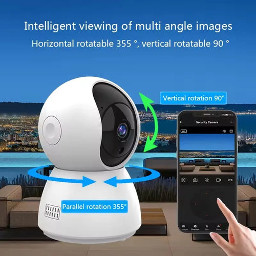 White WiFi security camera with multi-angle rotation, shown with app control on phone