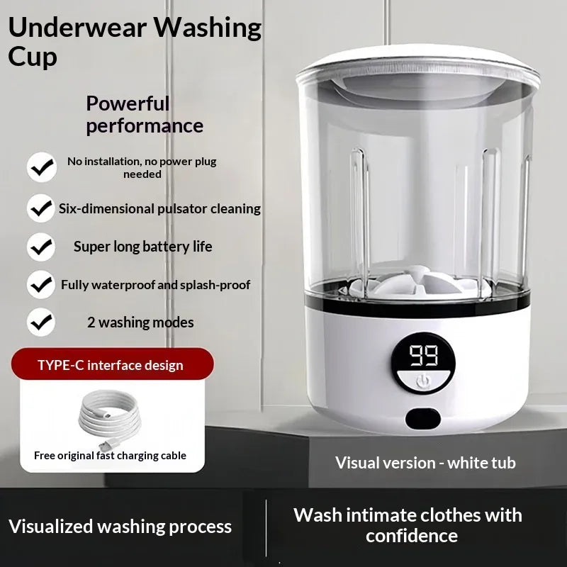 Underwear washing cup with a clear tub and white base featuring a digital display and Type-C rechargeable design.