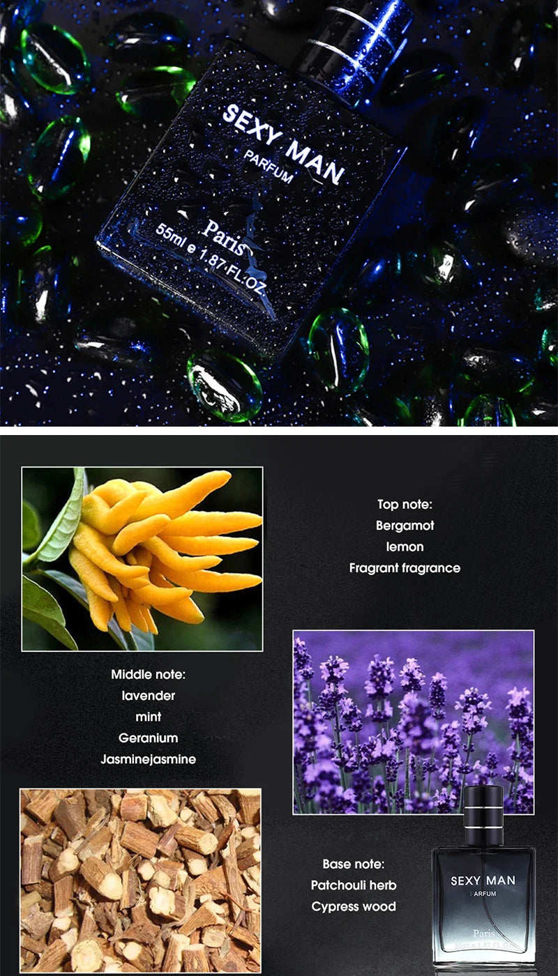 Sexy Man 55ml EDP for men. Blue rectangular bottle. Bergamot, lavender, patchouli scent. Long-lasting daily cologne.