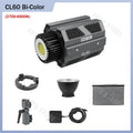 CL60 bi-color LED video light with reflector, mounting bracket, power adapter, and carrying case.