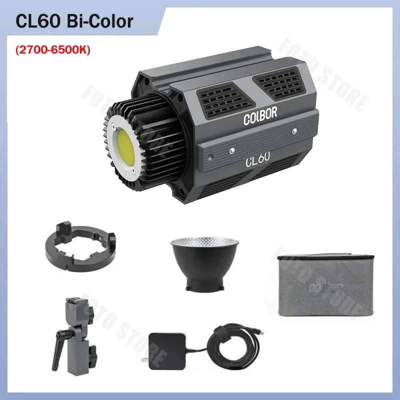 CL60 bi-color LED video light with reflector, mounting bracket, power adapter, and carrying case.